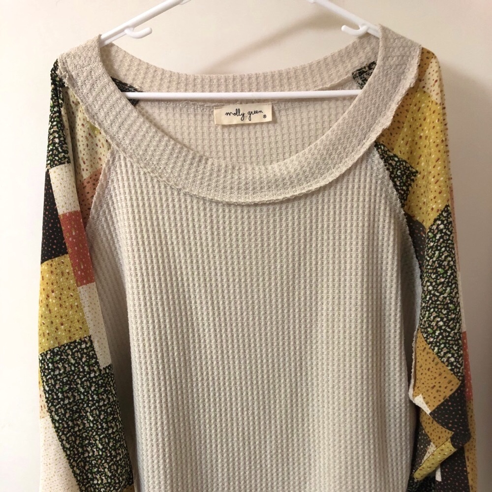 Off-Shoulder Patchwork Balloon Sleeve - image 3